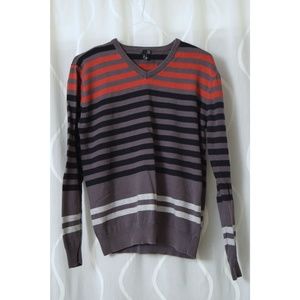OCEAN CURRENT Grey & Red Striped Cotton Striped V-neck Sweater | Size L
